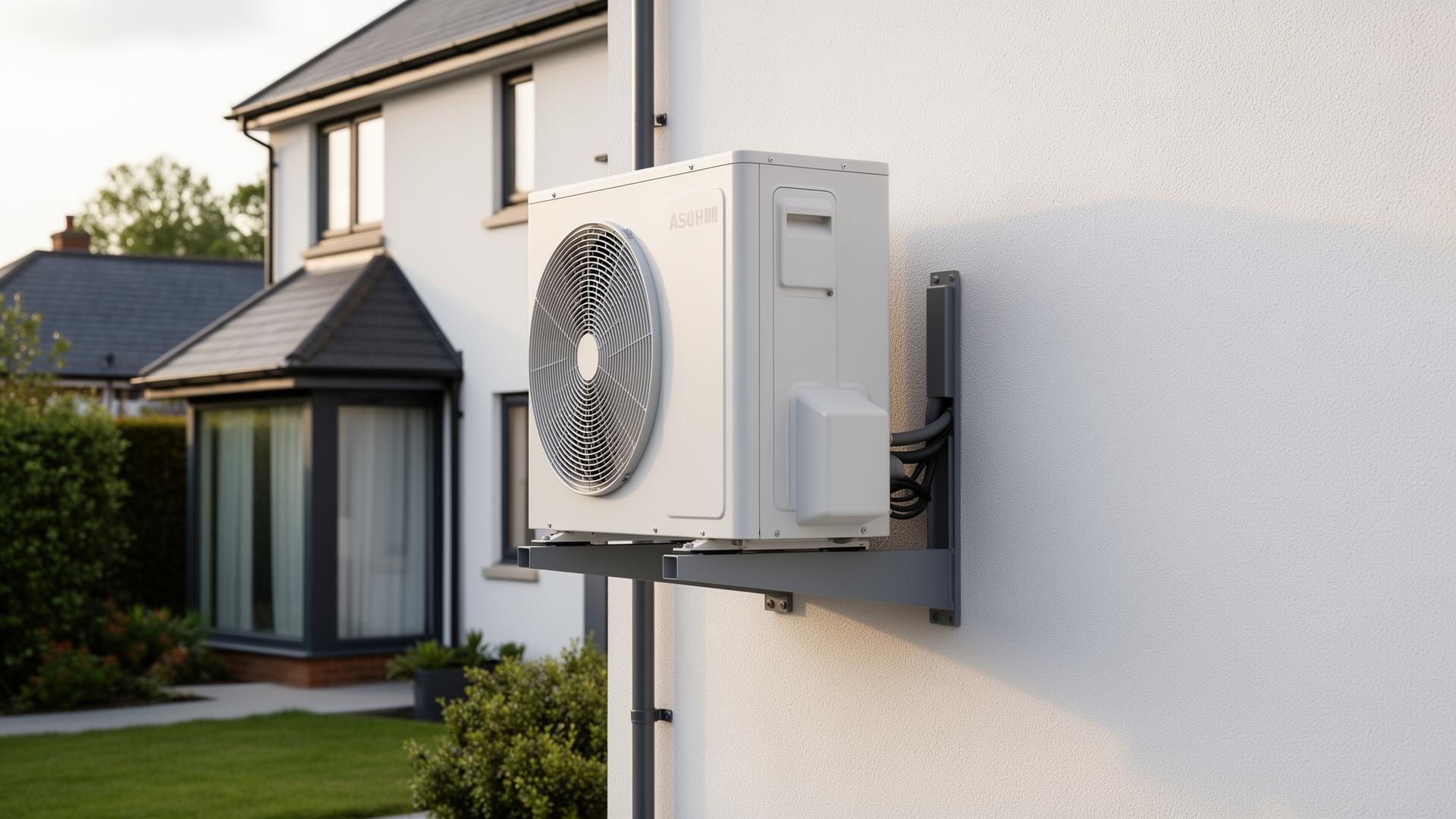 Modern air source heat pump unit wall-mounted on a contemporary Cheshire home, MCS-accredited ASHP install by BHL Underfloor Heating