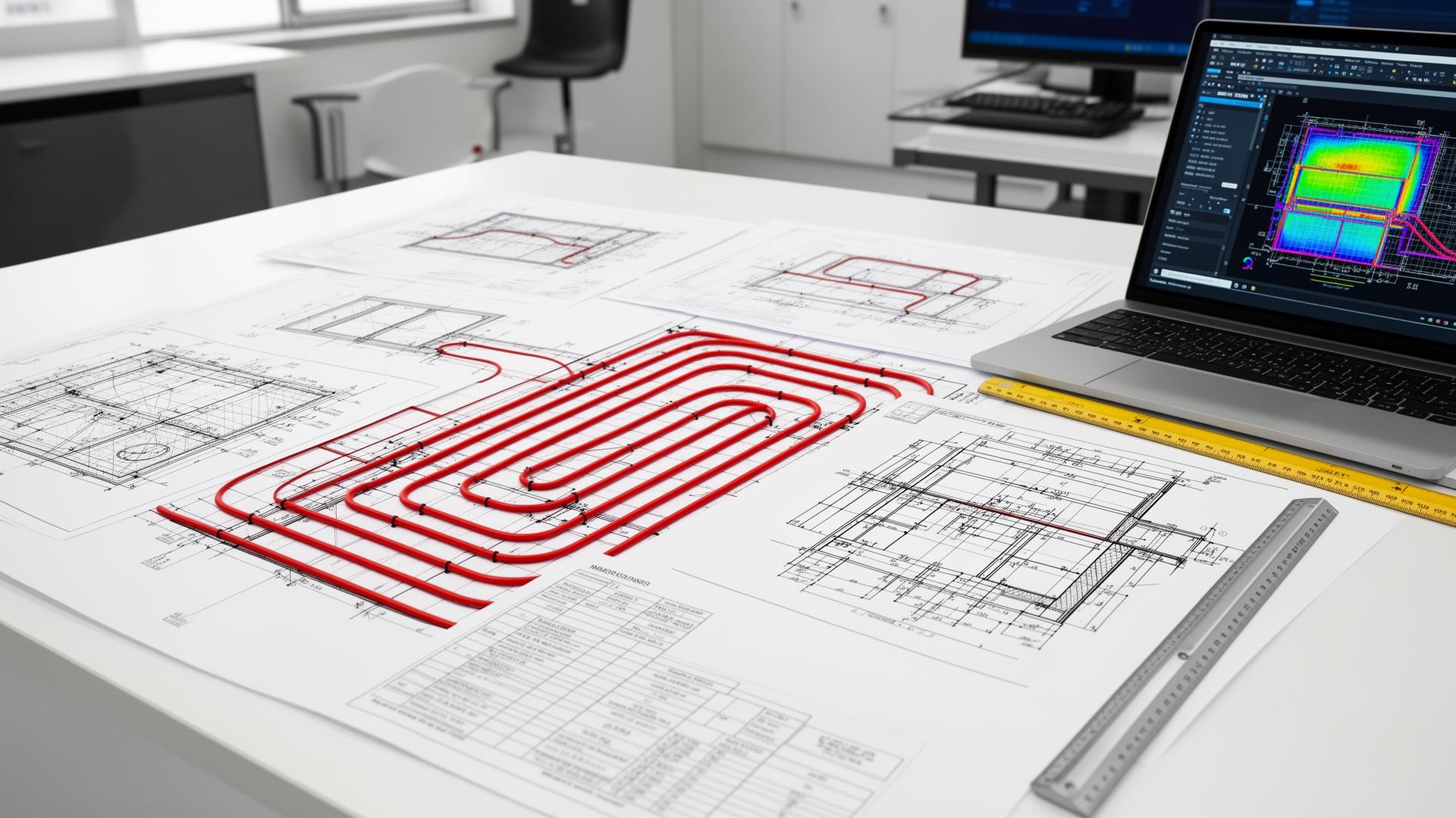 UFH pipe-layout drawings, heat-loss calculations and thermal modelling on a laptop, independent underfloor heating and heat pump consultancy by BHL