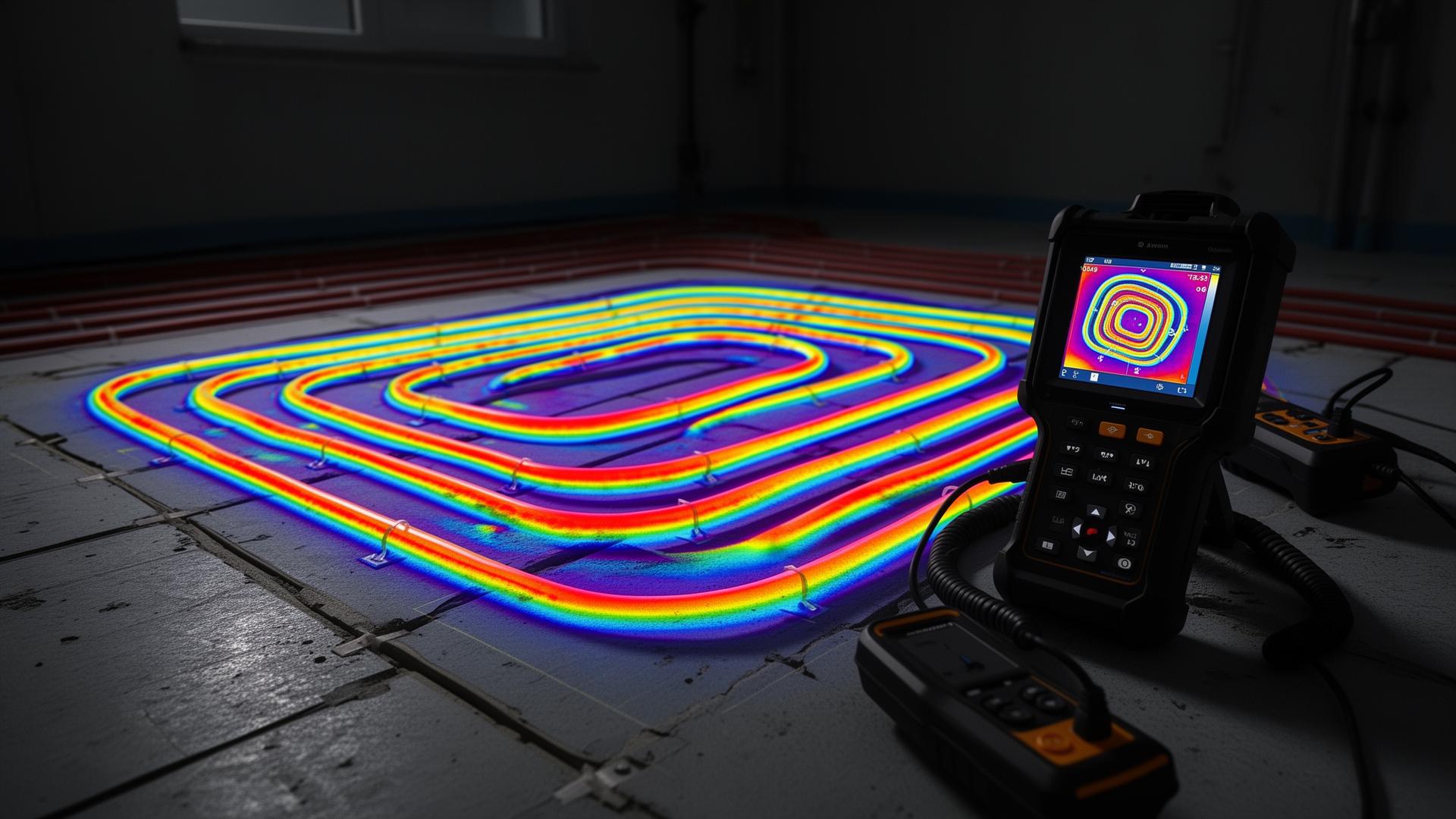 Thermal imaging camera showing underfloor heating pipe loops as a colourful heat map during fault diagnosis on a UFH system