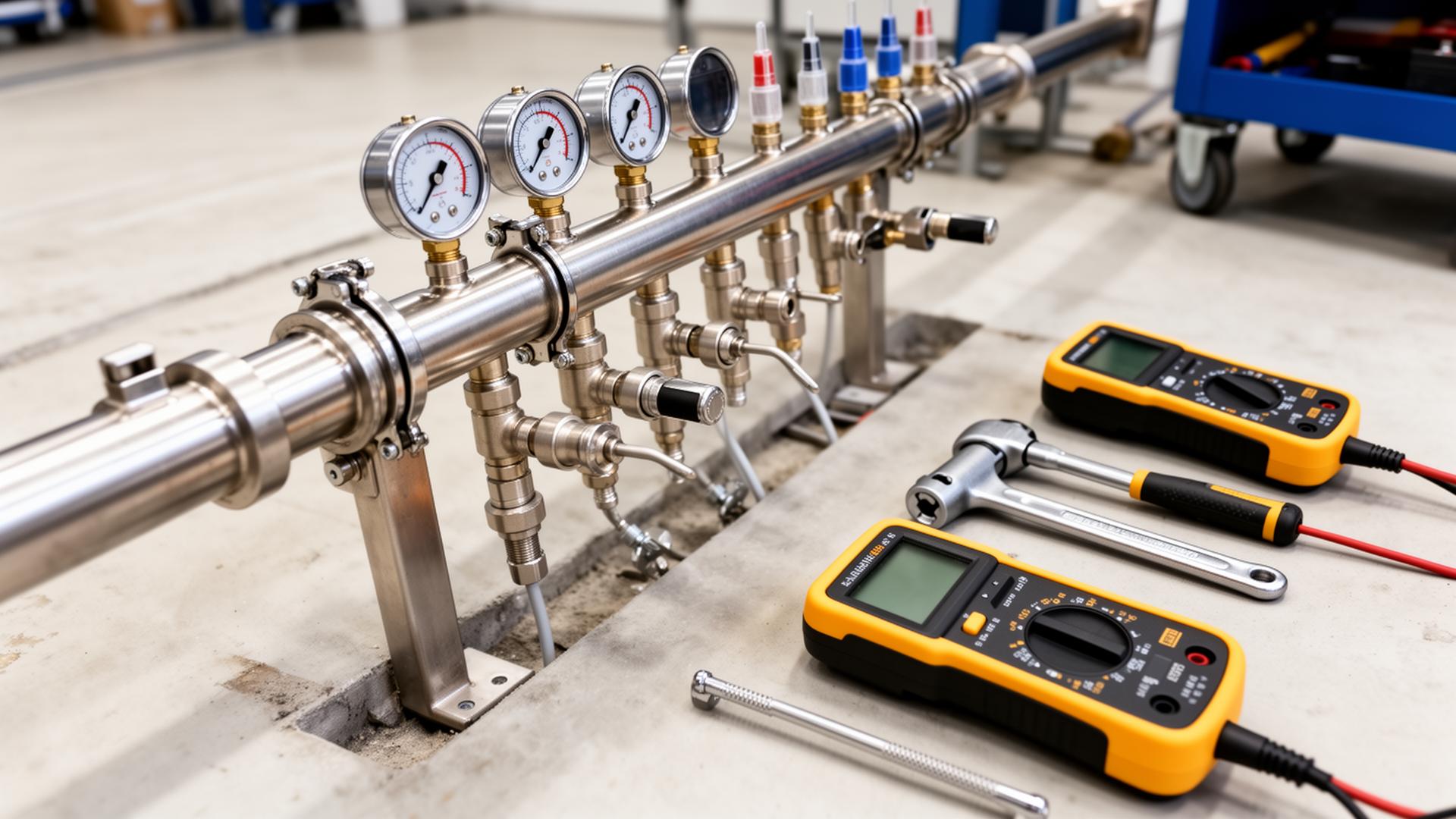 Stainless steel underfloor heating manifold being serviced with pressure gauges, flow meters and diagnostic multimeters laid out for annual maintenance