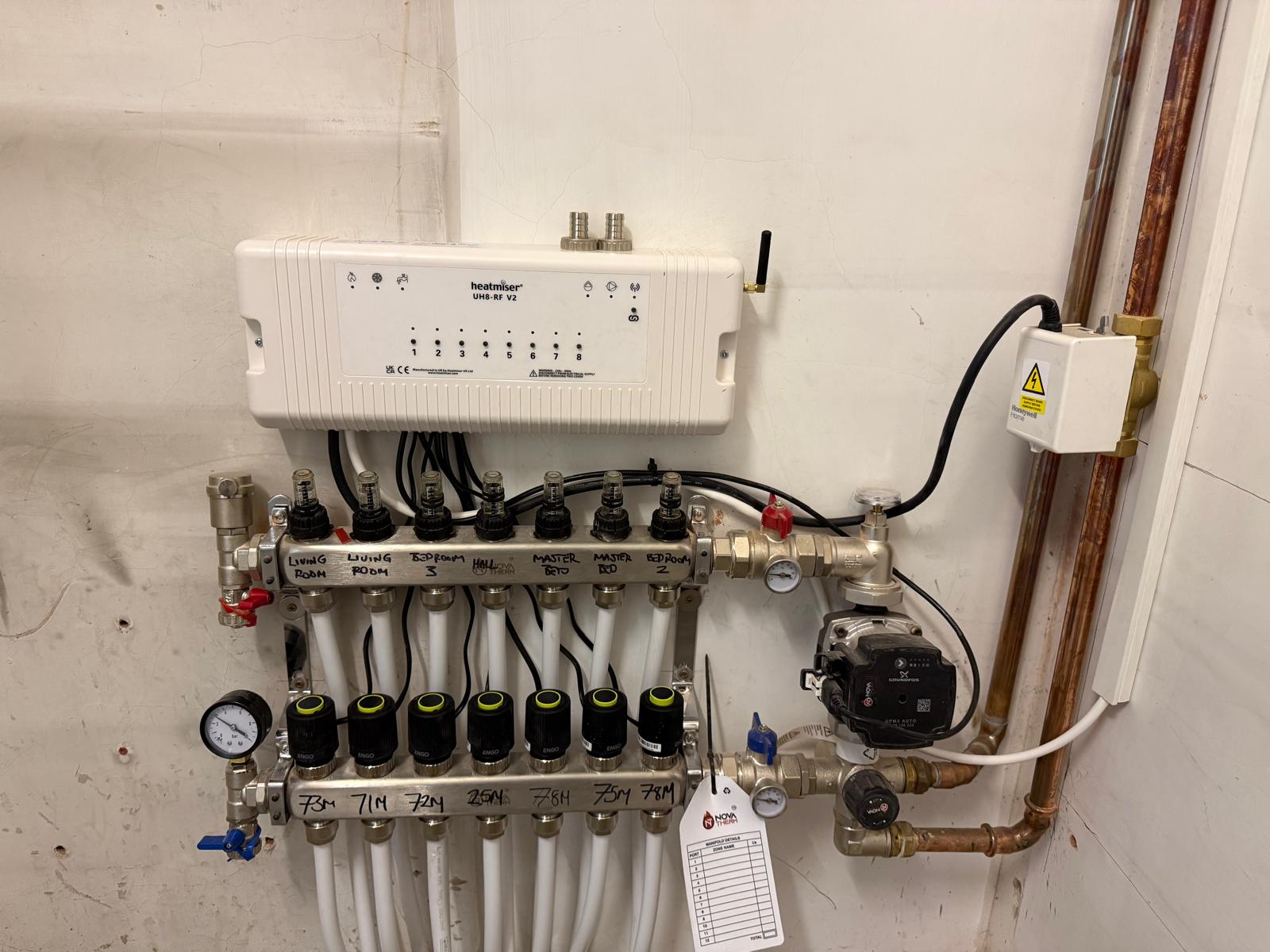 Pressure-tested Heatmiser underfloor heating manifold